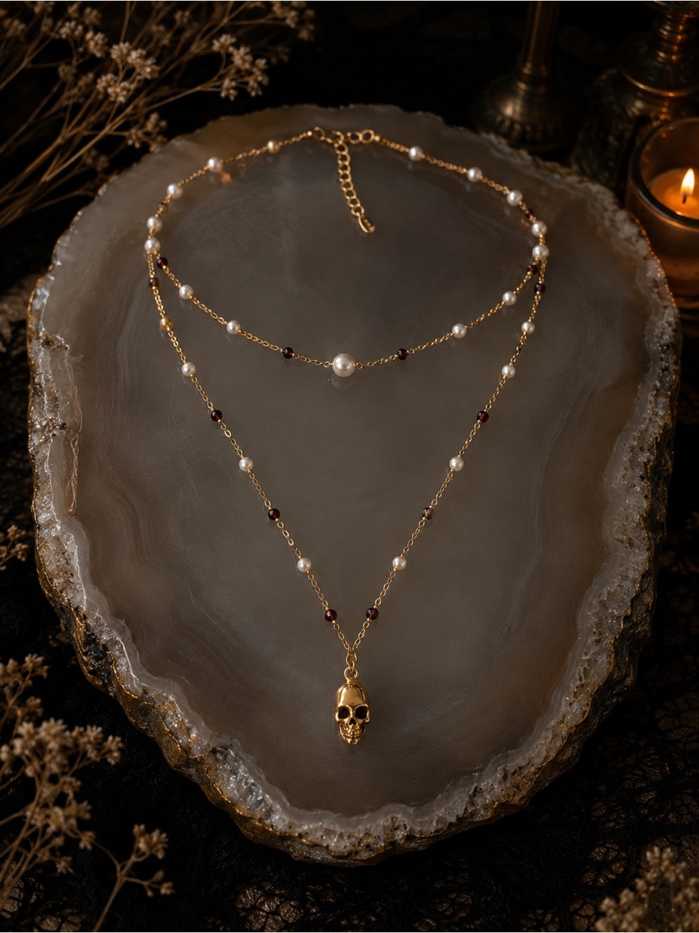 Gold Double-Layer Pearl & Garnet Skull Necklace